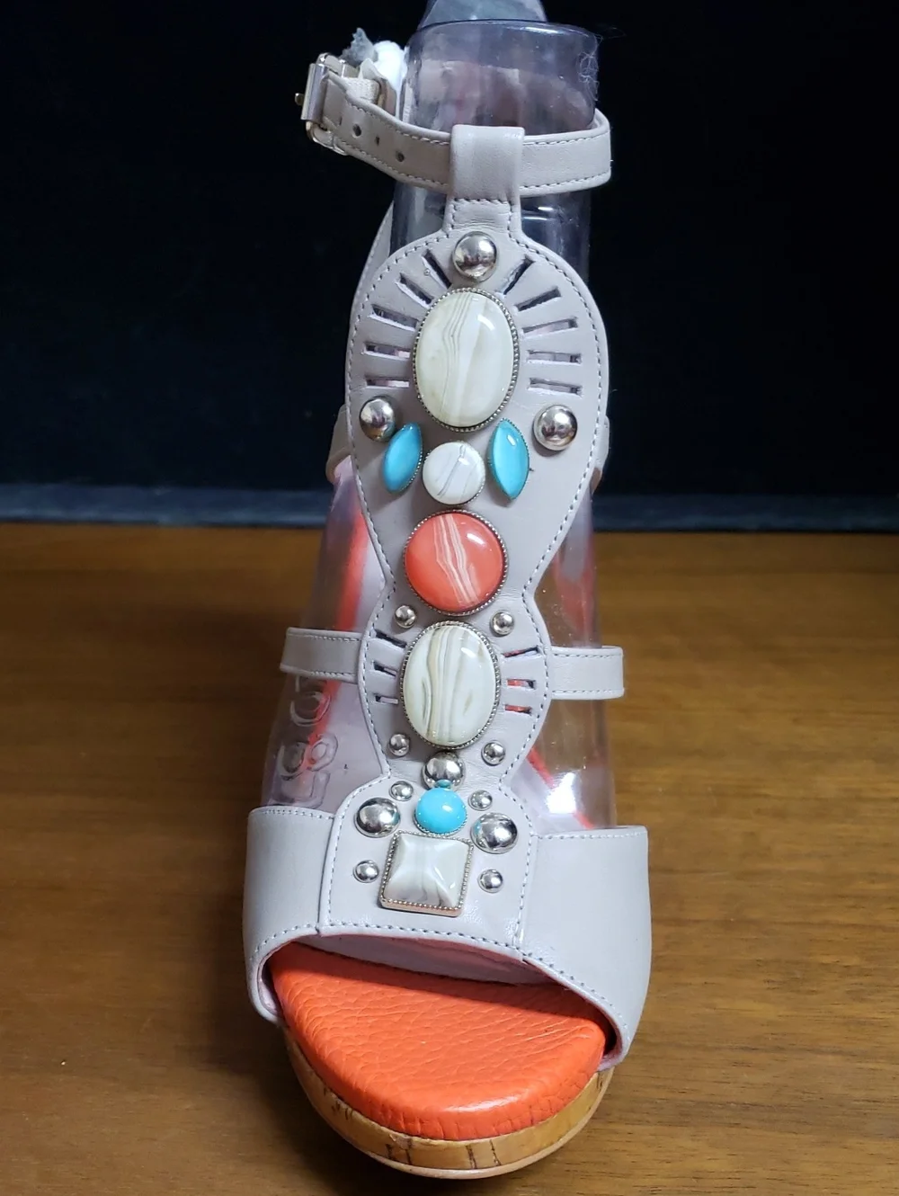 Women’s Strappy Gemstone Cork High Heel Sandals - White and Orange